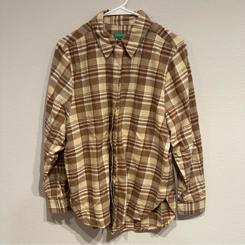Men’s Button Up United Colors‎ Of Benetton Brown Plaid Long Sleeve Shirt Size S